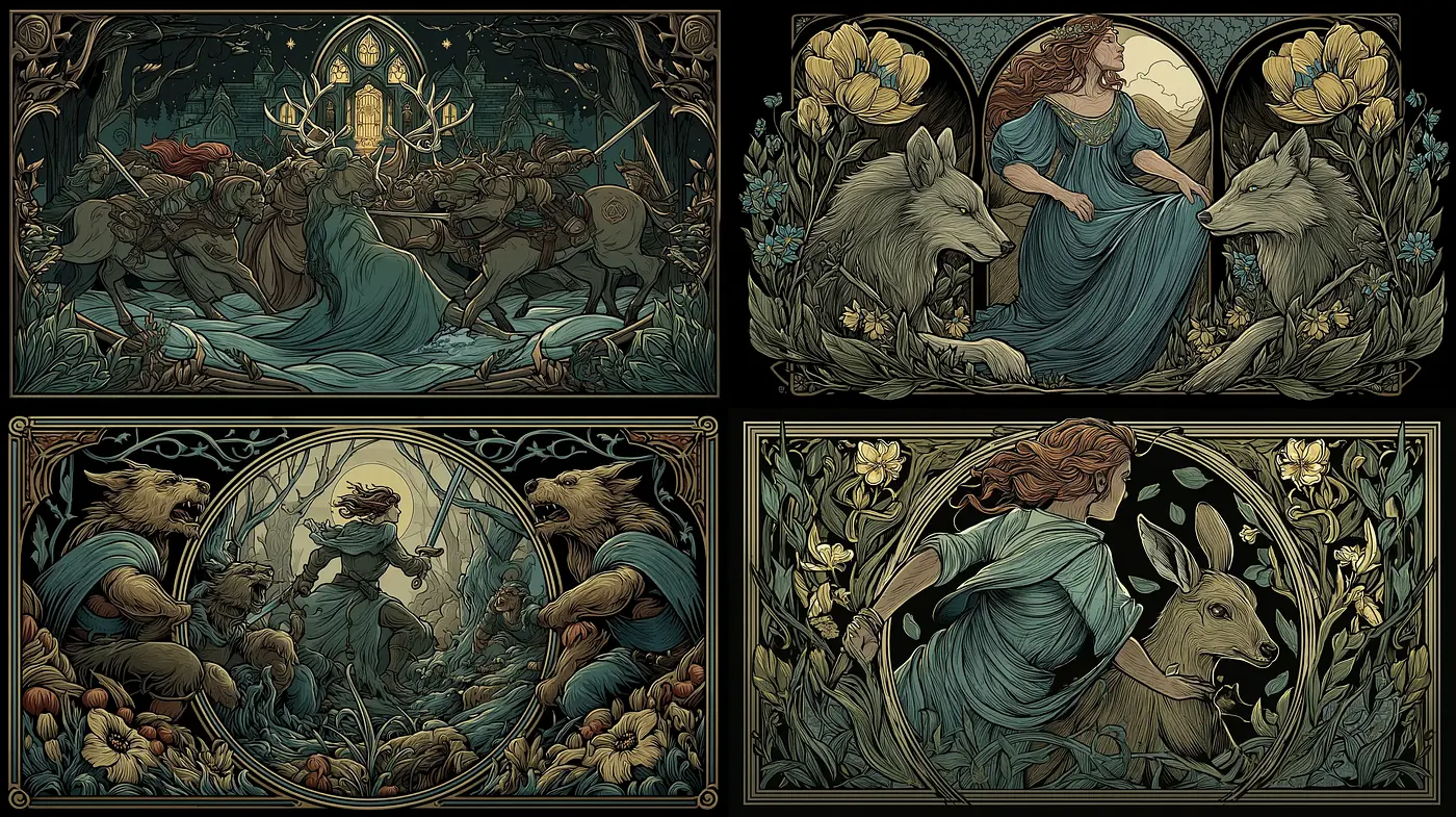 Intricate Illustrations with Nature Elements and Mythological Themes - Midjourney sref style