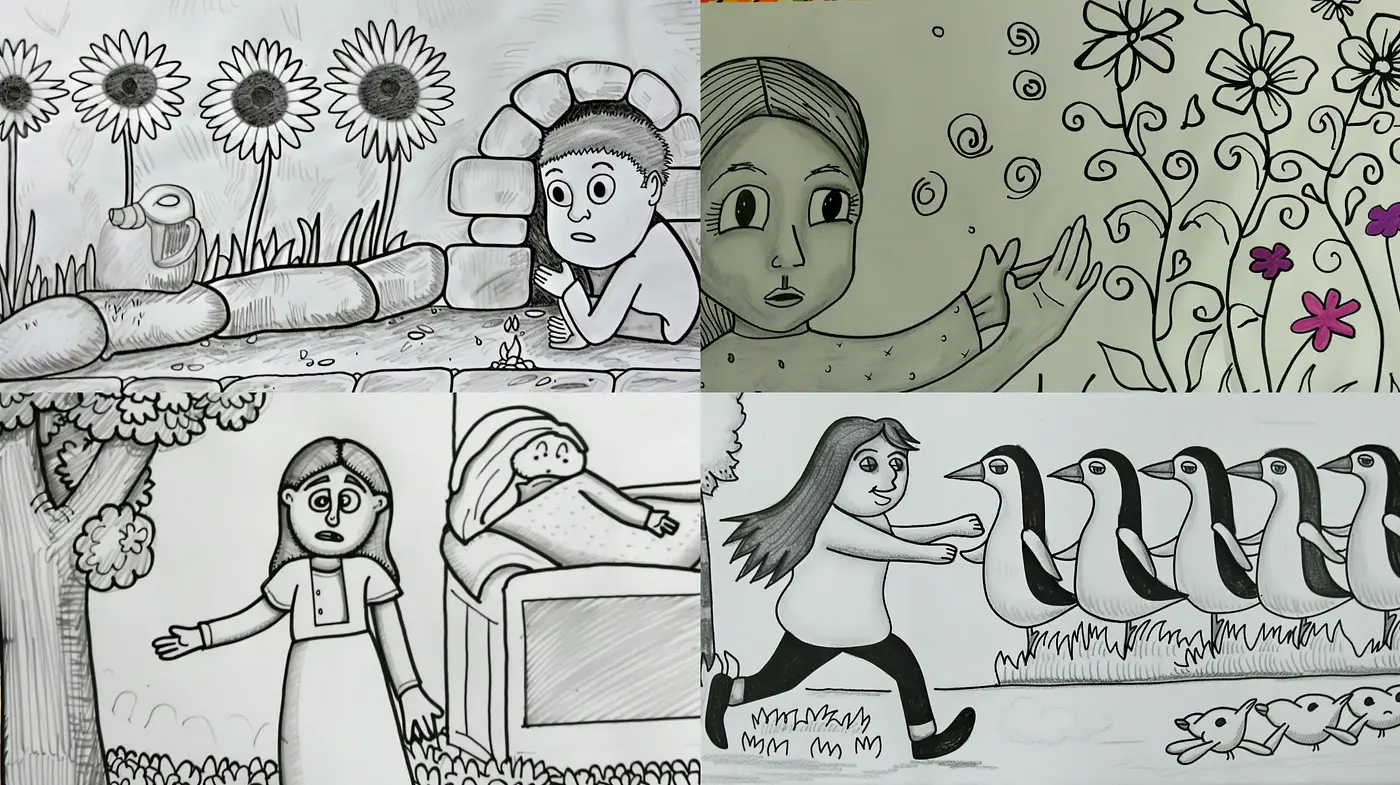 Monochromatic Whimsy: Hand-Drawn Lines with Whimsical Charm - Midjourney sref style