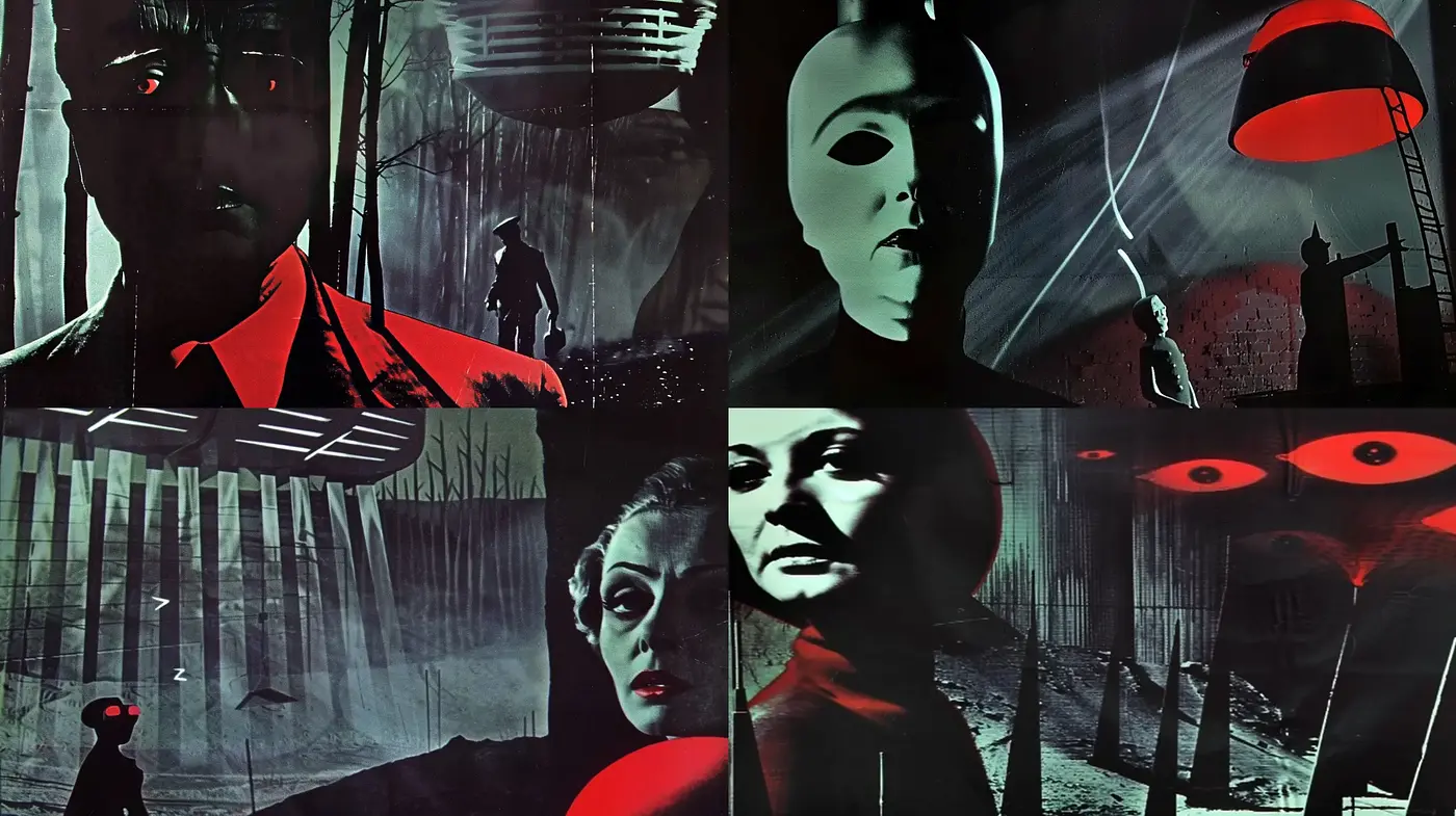 Noir-Inspired Sinister Red and Gray Tableaus with Surrealist Undertones - Midjourney sref style