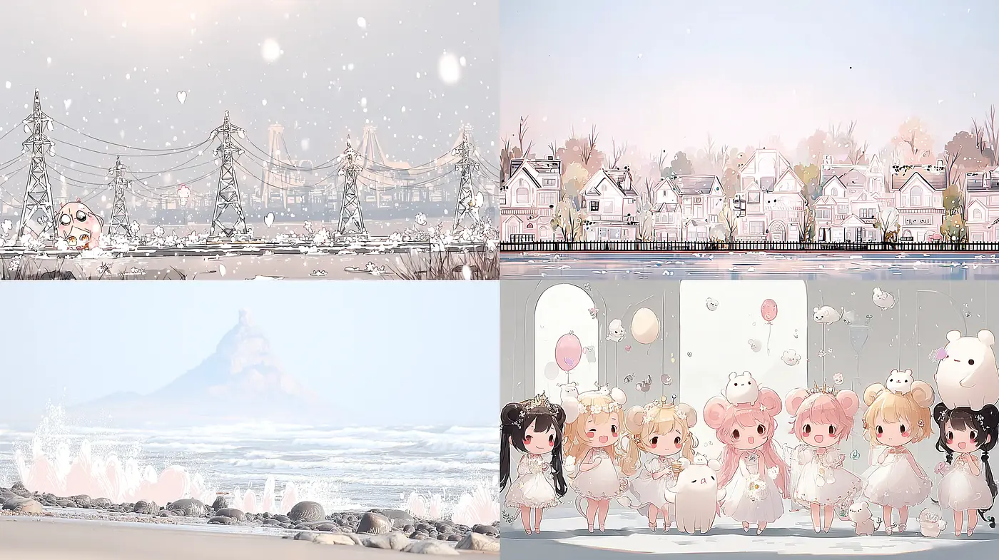 Whimsical pastel landscapes intertwined with charming characters and soft textures - Midjourney sref style