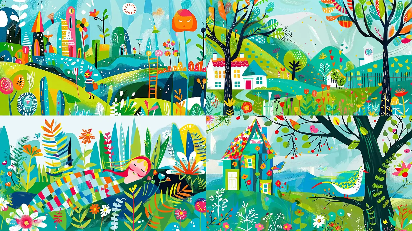 Whimsical Nature and Urban Fusion in Vibrant Storybook Illustration - Midjourney sref style