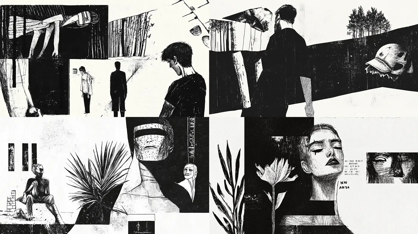 Monochromatic Narrative Collage - Midjourney sref style