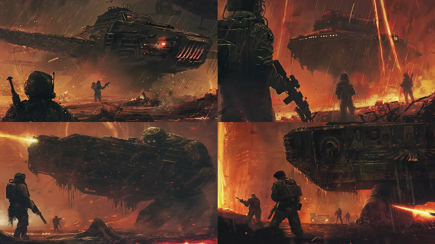 Fiery Dystopian Vistas: A Homage to Futuristic Conflict - Midjourney sref style