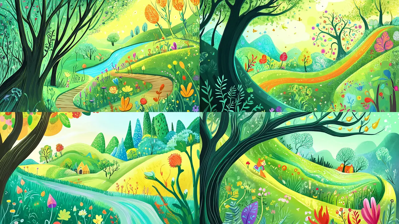 Enchanted Chromatic Landscapes: A Whimsical Nature Fantasy Fusion - Midjourney sref style
