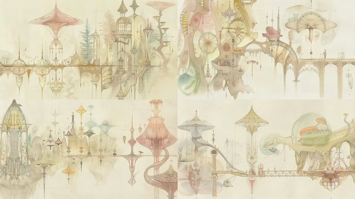 Ethereal Dreamscapes: A Tapestry of Sepia and Pastel Fantasia - Midjourney sref style