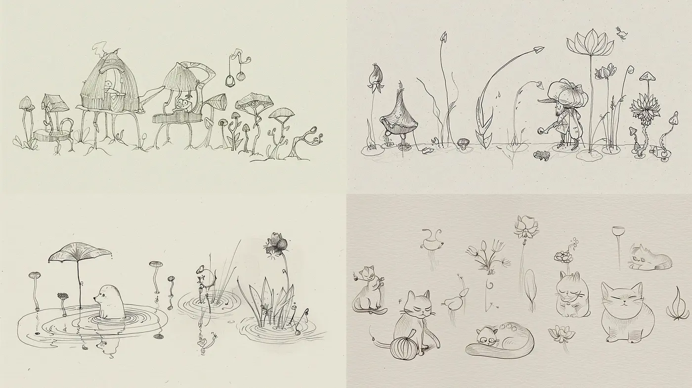 Whimsical Ink Sketchbook Fantasia - Midjourney sref style