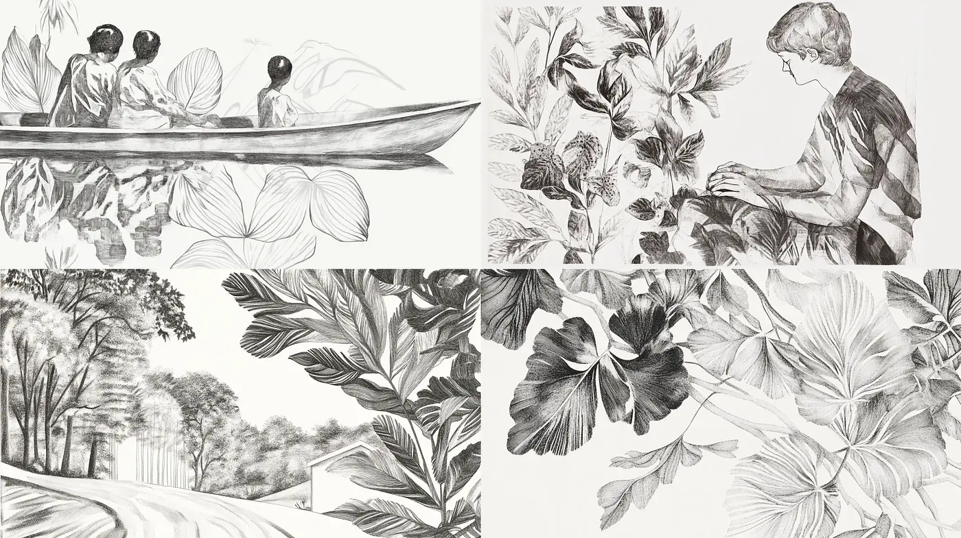 Monochrome Botanical Sketches Infused with Serenity - Midjourney sref style