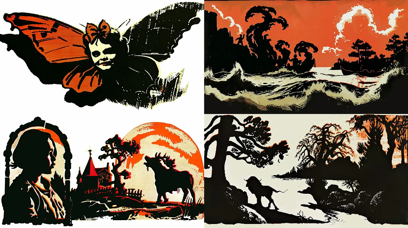 Silhouetted Nature and Myth in Monochromatic Hues - Midjourney sref style