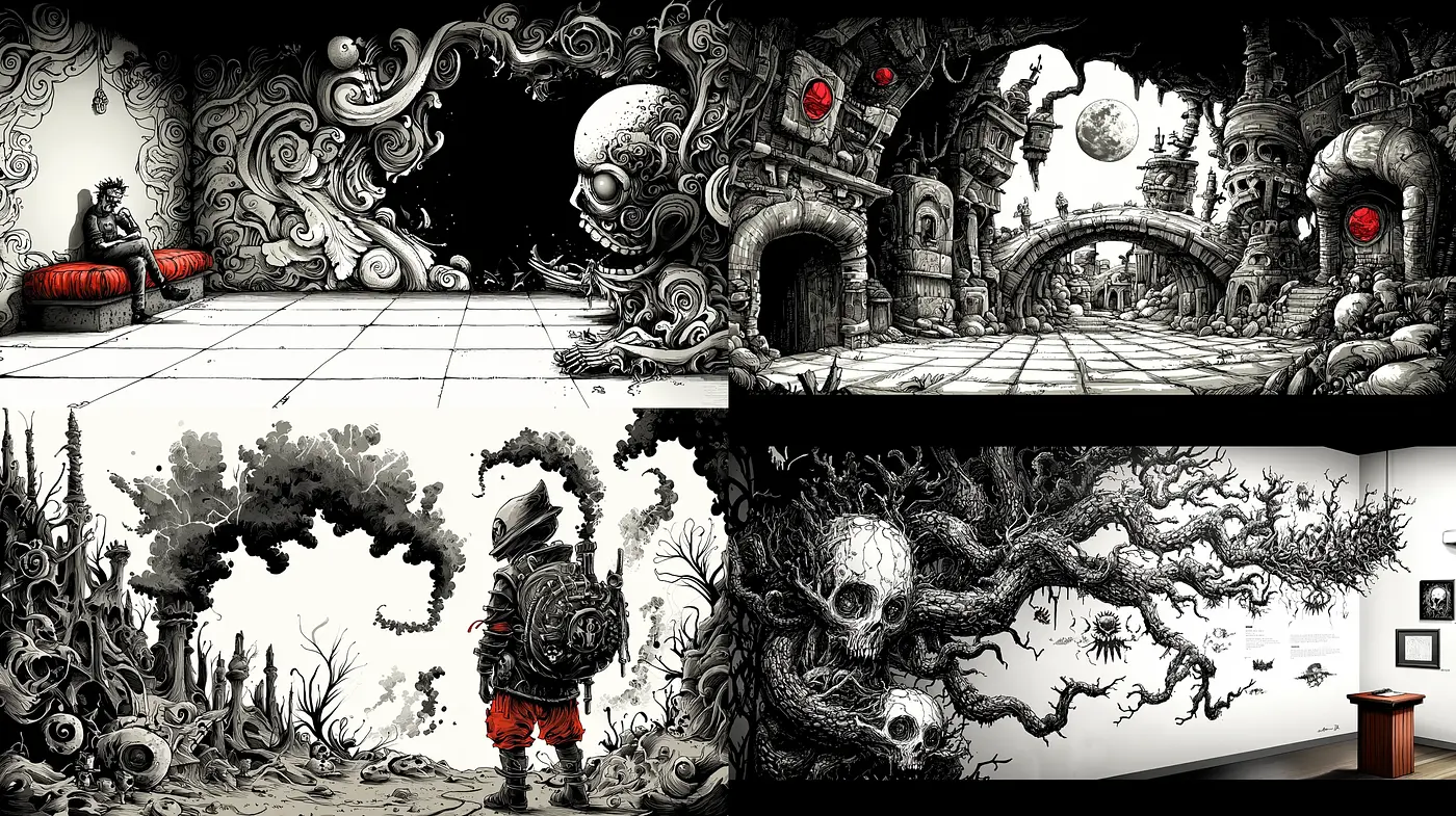 Monochromatic Whimsy: Surreal Imaginarium with Pops of Red - Midjourney sref style