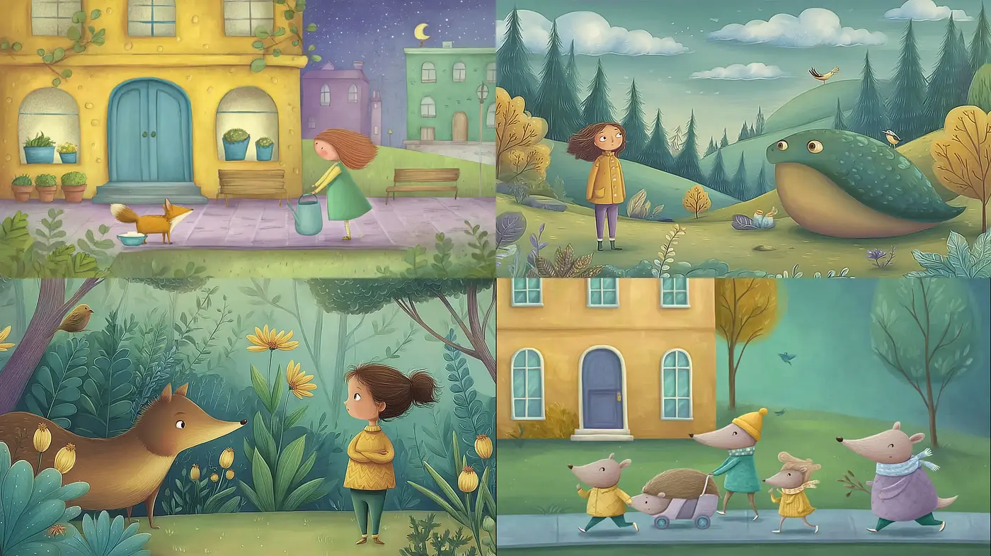 Charming Whimsical Illustrations with Consistent Textures and Soft Tones - Midjourney sref style