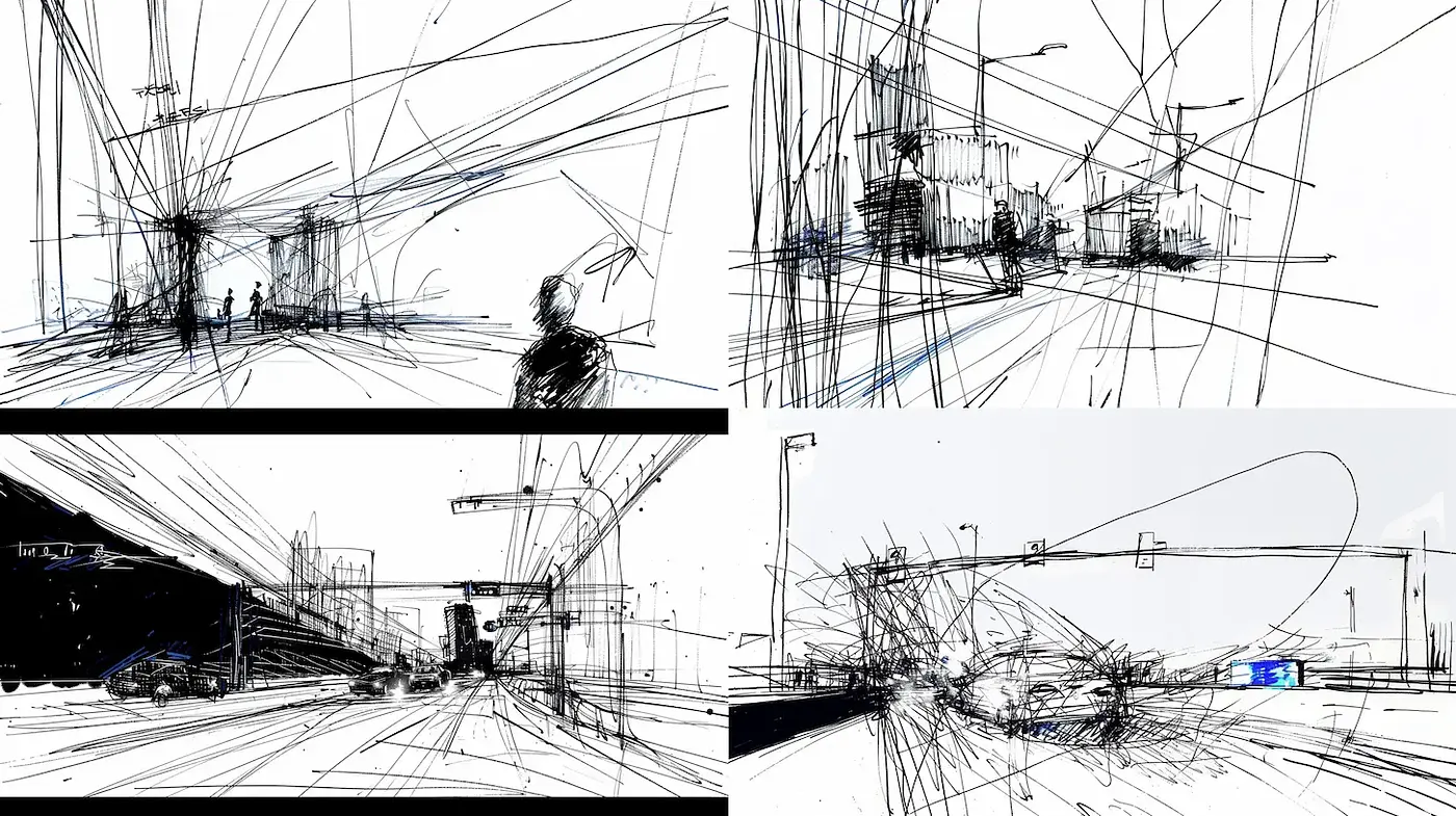 Dynamic Urban Sketches with Abstract Lines and Light Composition - Midjourney sref style