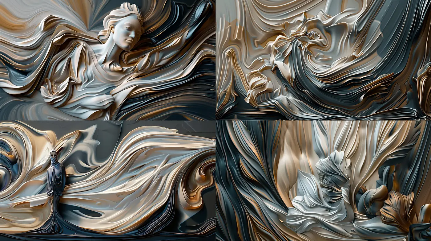 Fluid Baroque Sculpture Fusion with Metallic Textures - Midjourney sref style