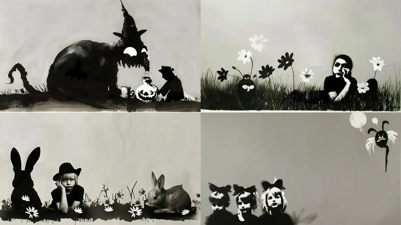 Monochromatic Whimsy: An Anthology of Surrealist Reverie - Midjourney sref style