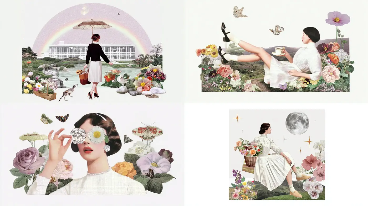 Whimsical Collage Aesthetic with Floral Elements - Midjourney sref style