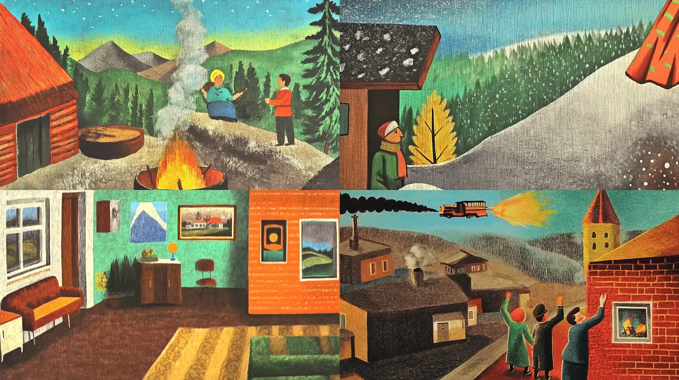 Rustic Homespun Tapestry: A Harmonious Blend of Folk Art and Storybook Illustration - Midjourney sref style