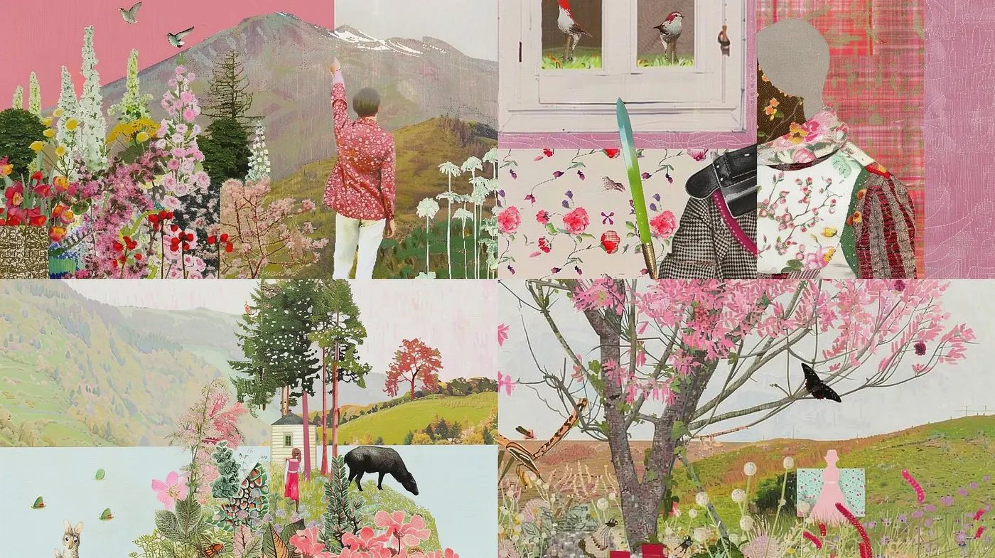 Whimsical Nature Montage with Vintage Textile Patterns - Midjourney sref style