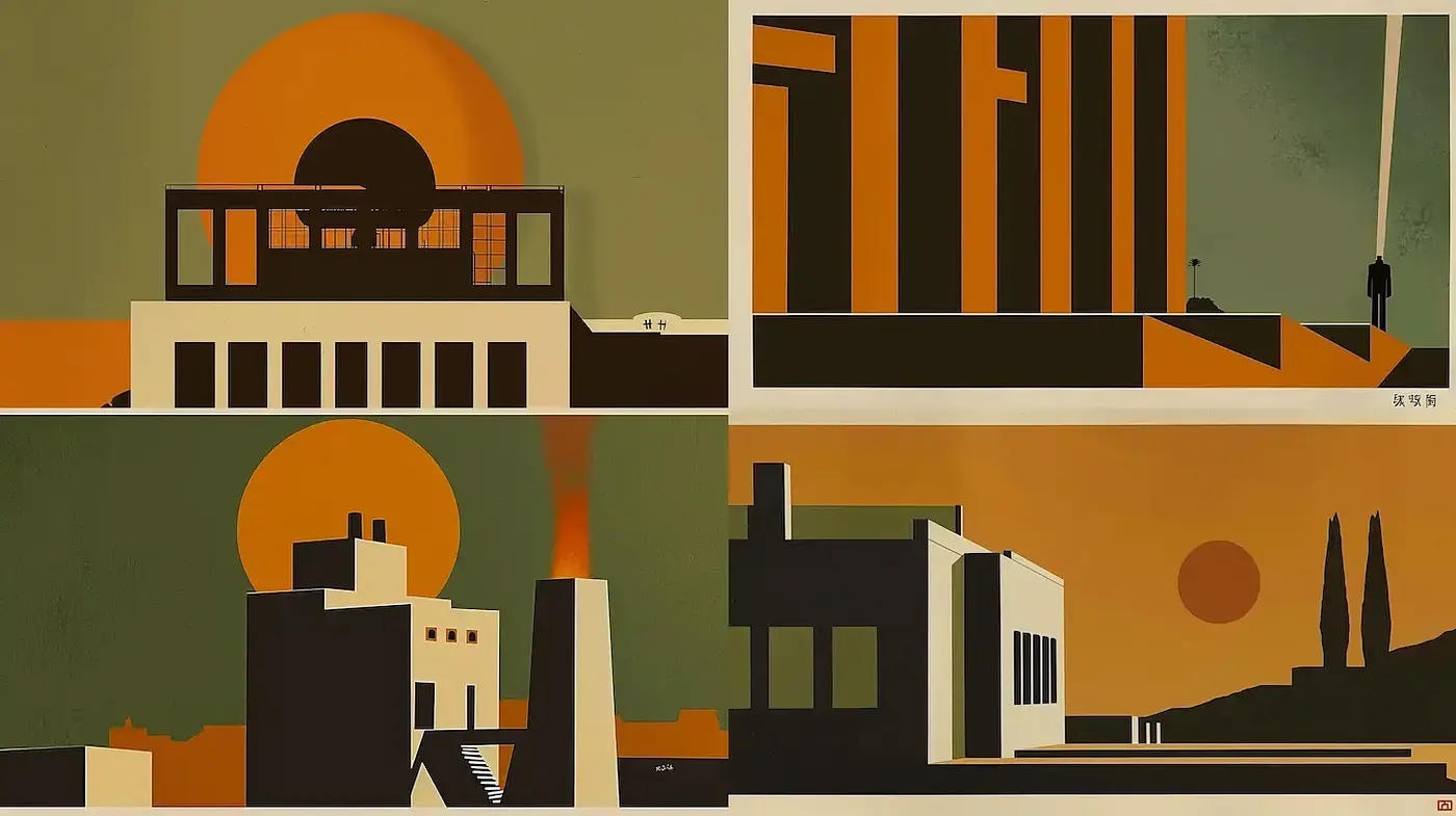 Geometric and Minimalist Architectural Illustrations with a Retro Vibe - Midjourney sref style