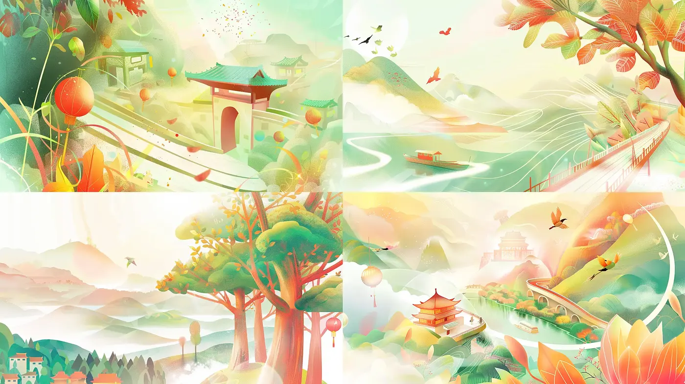 Serene Pastoral Reverie: A Harmony of Nature in Whimsical Hues - Midjourney sref style