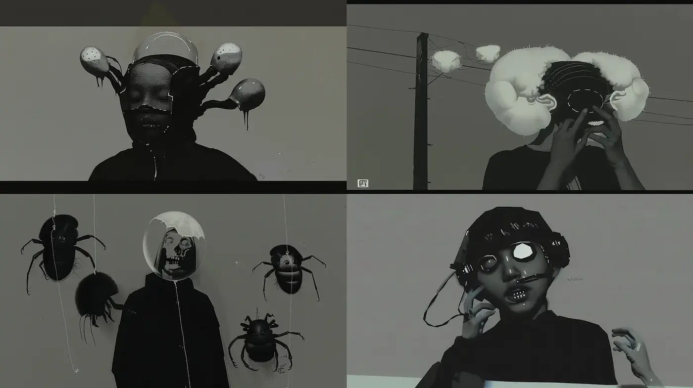 Surreal Monochromatic Visions with Organic and Mechanical Fusion - Midjourney sref style
