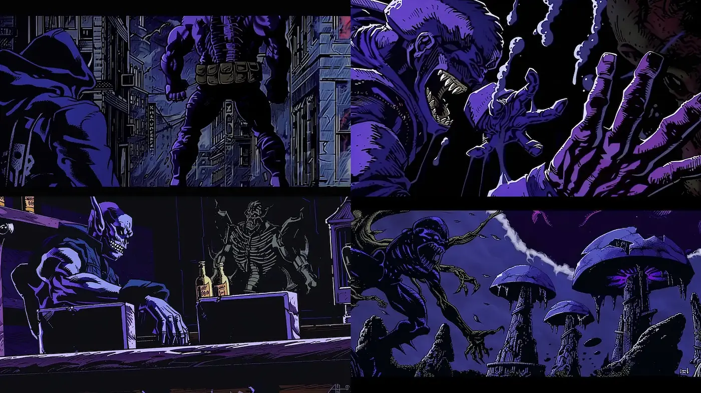 Dramatic and Gritty Urban Dystopia with Comic Inspirations - Midjourney sref style