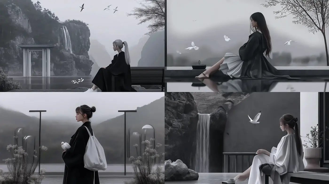 Serene Monochromatic Vistas in East Asian-Inspired Style - Midjourney sref style