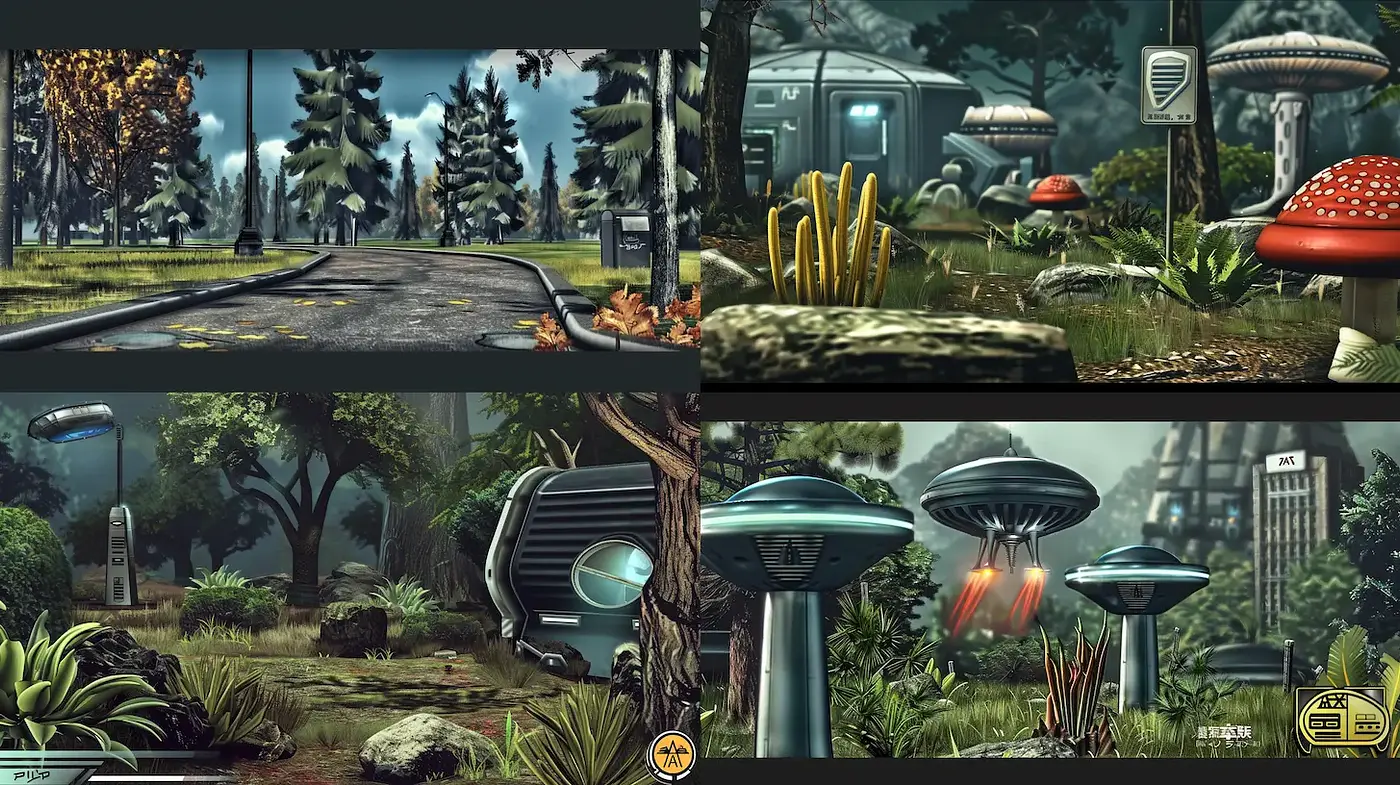 Futuristic yet nostalgic landscapes blending natural and artificial elements - Midjourney sref style
