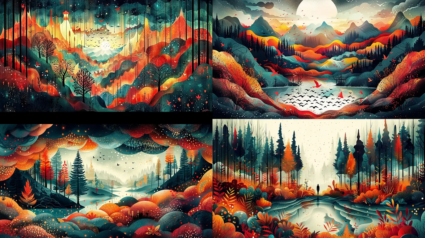 Enchanted Chromatic Woodlands: A Symphony of Twilight Hues and Stylized Flora - Midjourney sref style