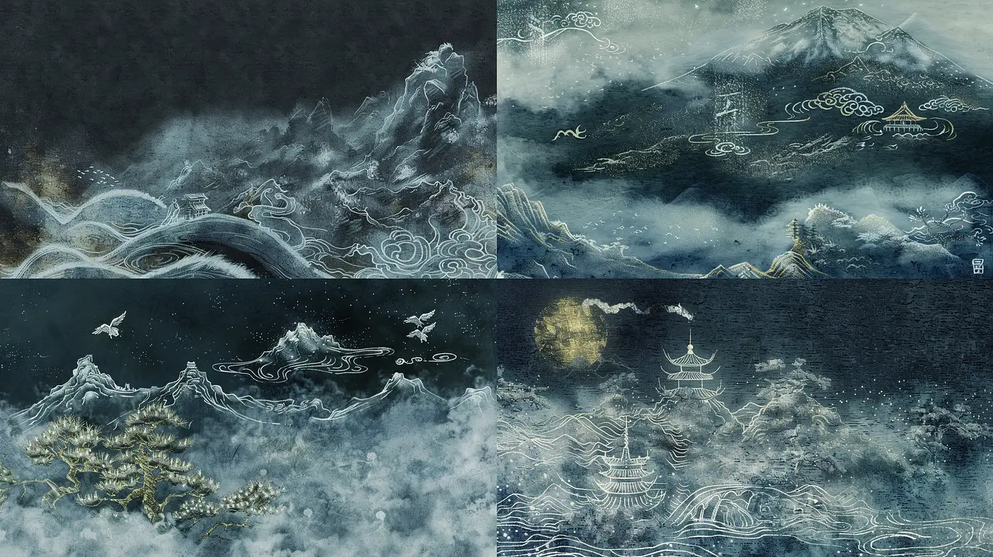 Ethereal Inkscapes Imbued with a Dreamlike Eastern Aesthetic - Midjourney sref style