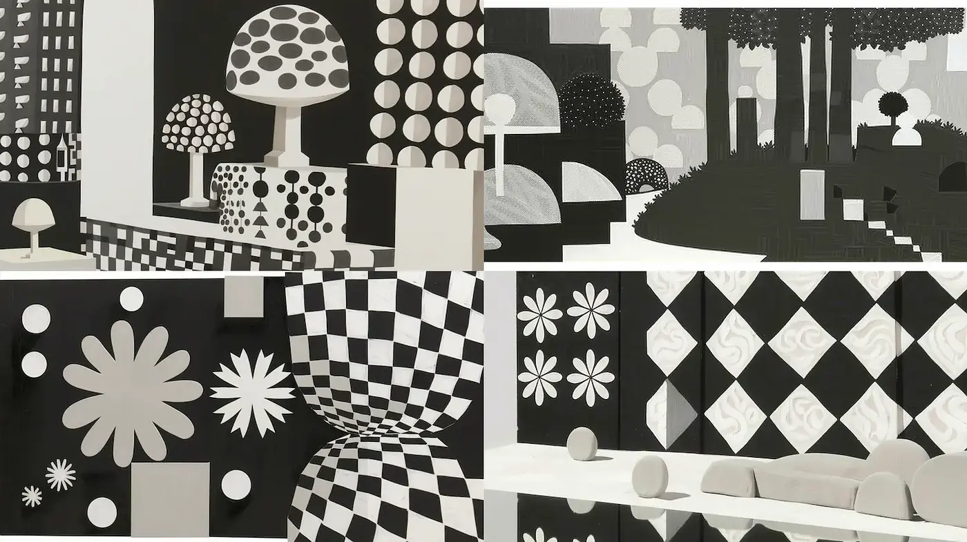 Monochromatic Geometric Abstraction with a Playful Essence - Midjourney sref style