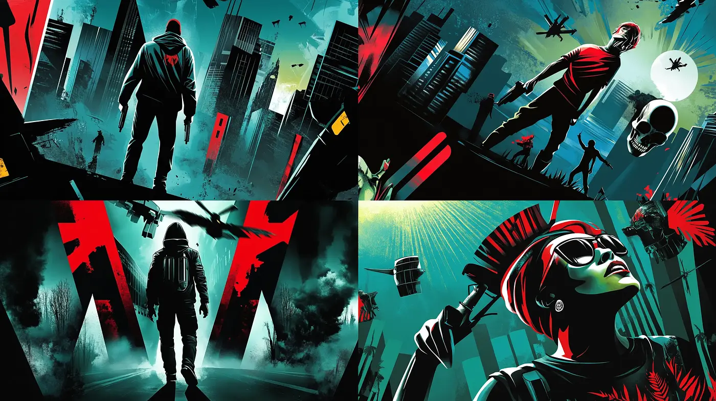 Noir-Infused Graphic Novel Aesthetics with Vivid Red Accents - Midjourney sref style