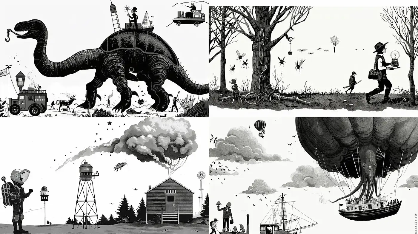 Whimsical and Surreal Black and White Illustrations with Vintage Charm - Midjourney sref style