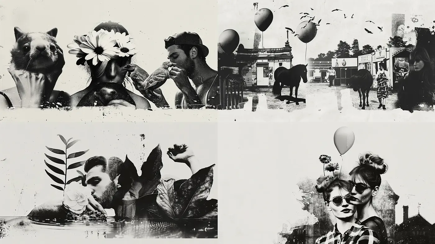 Monochromatic Ethereal Collage with Surrealist Overtones - Midjourney sref style