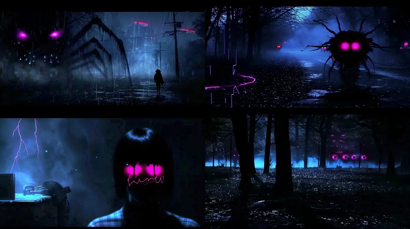Eerie Nocturnal Cyber-Synthesis with Neon Glitch Elements - Midjourney sref style