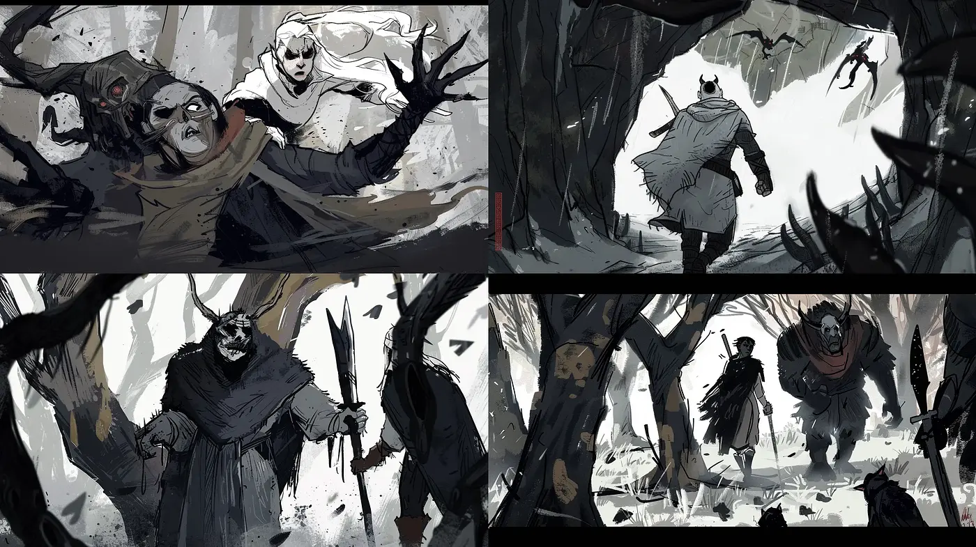 Monochromatic Mythos: Stylized Narrative Brushwork and Tonal Storytelling - Midjourney sref style