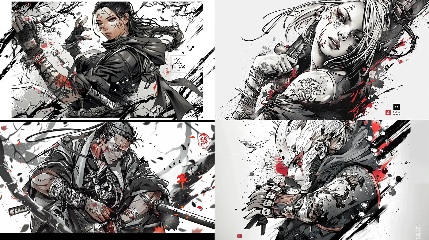 Monochromatic Dynamism with Crimson Accents in Graphic Illustration - Midjourney sref style