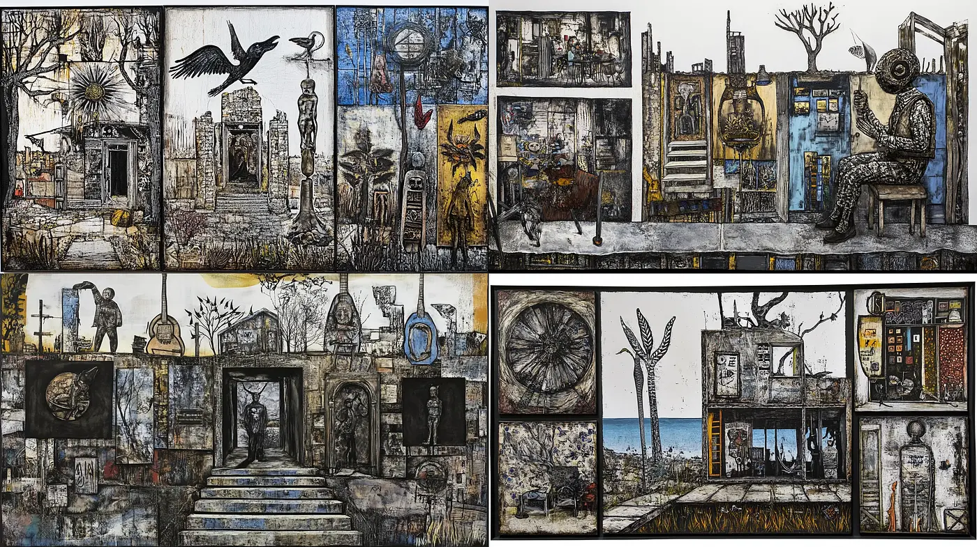 Gritty Textured Collage of Surreal Urban Decay - Midjourney sref style