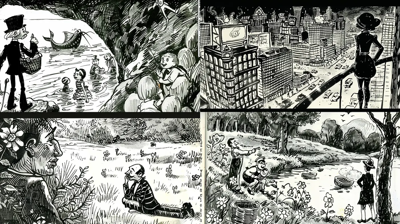 Monochromatic Storybook Illustrations with Nostalgic Essence - Midjourney sref style