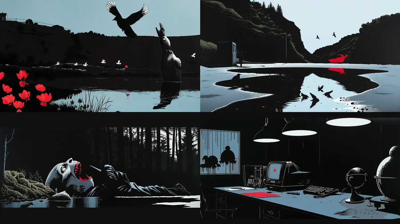 Nocturnal Silhouette Drama with a Touch of Crimson Accents - Midjourney sref style