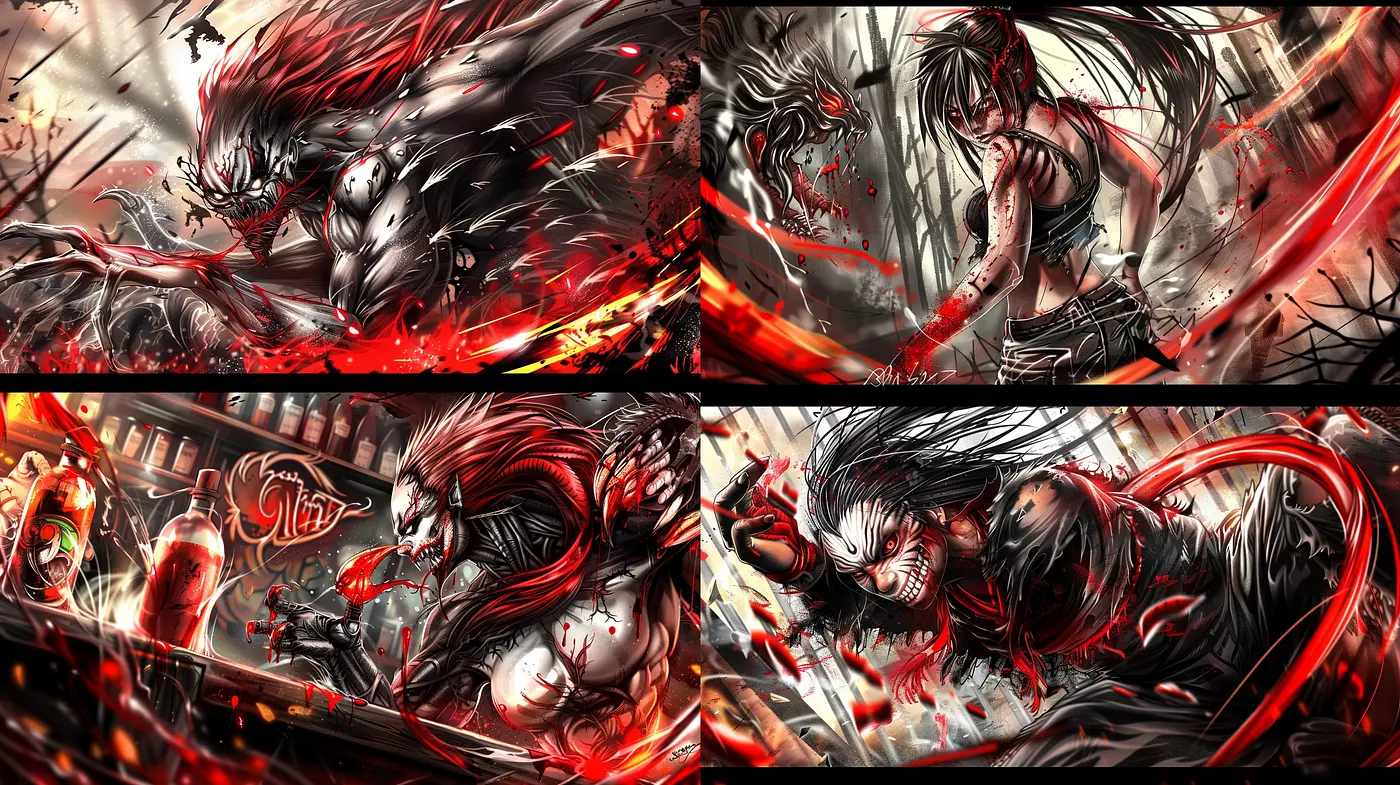 Dynamic Crimson Brushstrokes and Intense Emotional Expression in Artistic Visuals - Midjourney sref style
