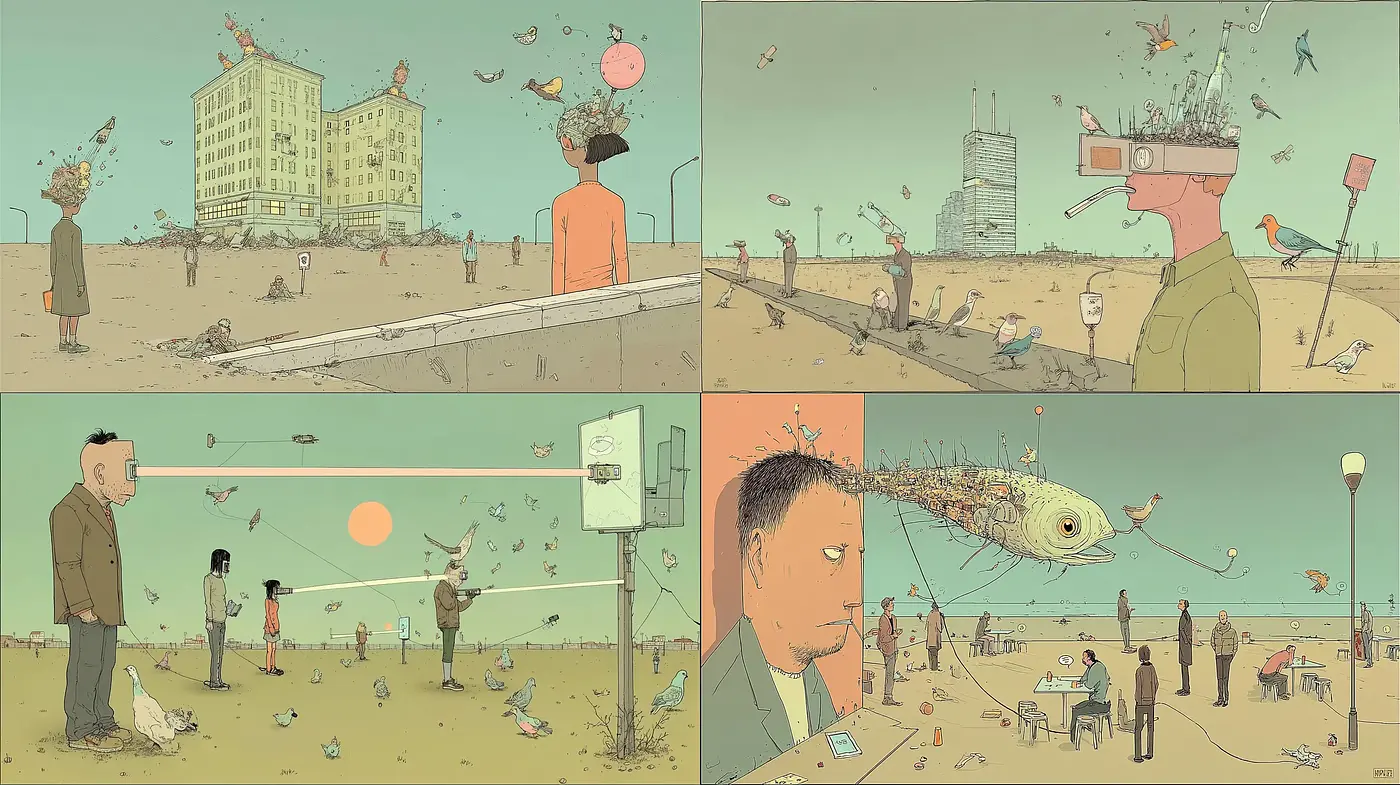 Surreal minimalist illustrations embodying an imaginative dreamscape - Midjourney sref style
