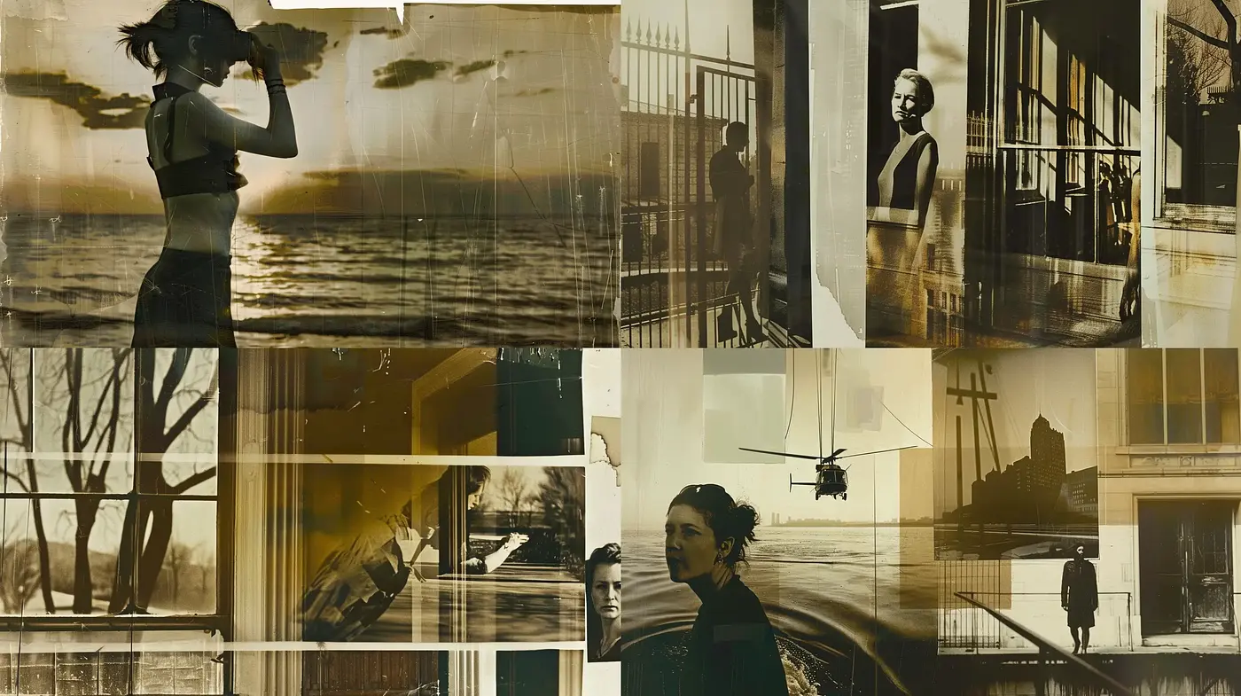 Melancholic Sepia Mosaic: A Collage of Timeless Moments - Midjourney sref style