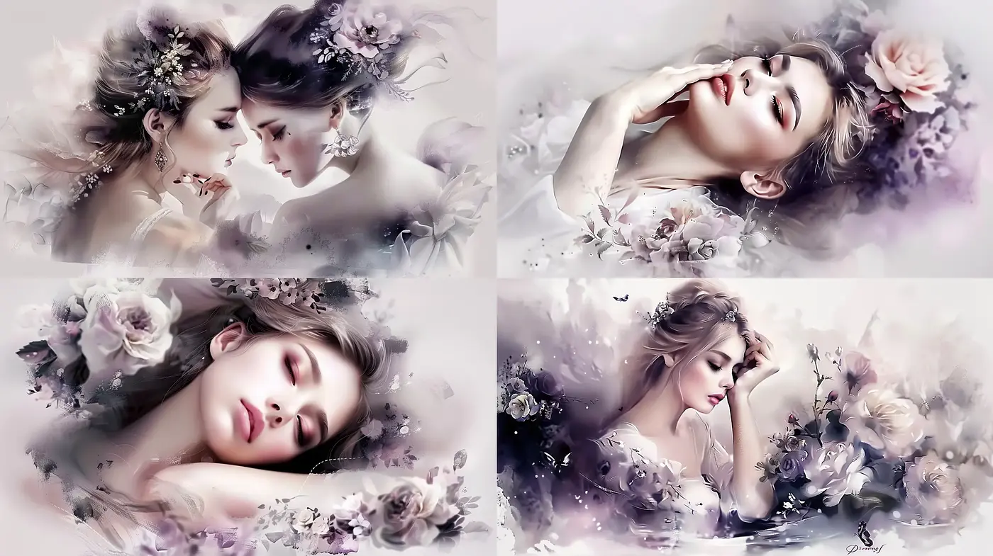 Ethereal Florals: A Dreamlike Fusion of Soft Portraiture and Painterly Blossoms - Midjourney sref style