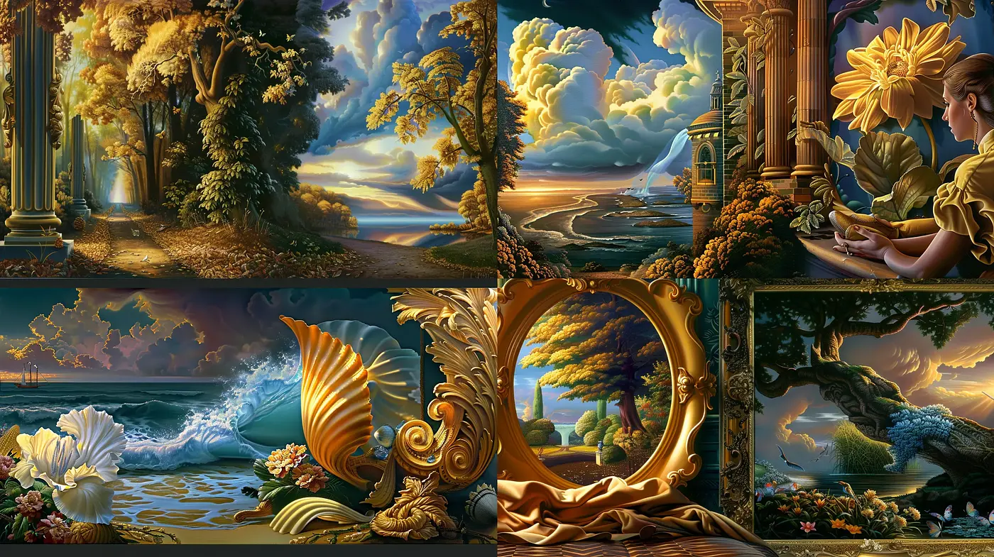 Golden Epoch Visions: A Fusion of Romantic and Surreal Landscapes - Midjourney sref style