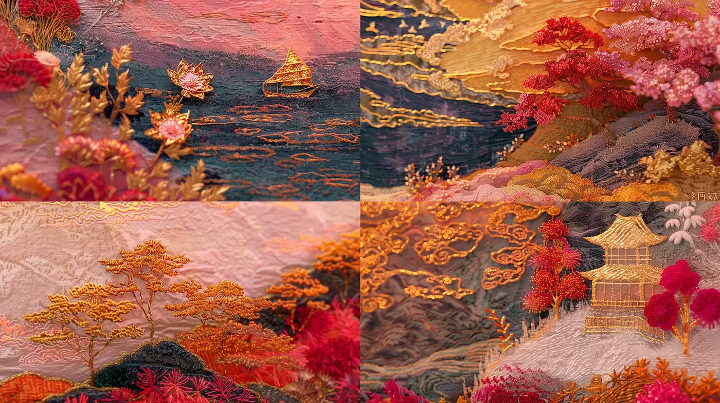 Intricate Japanese Inspired Embroidered Landscapes Exhibiting Vibrant Harmony and Elegance - Midjourney sref style