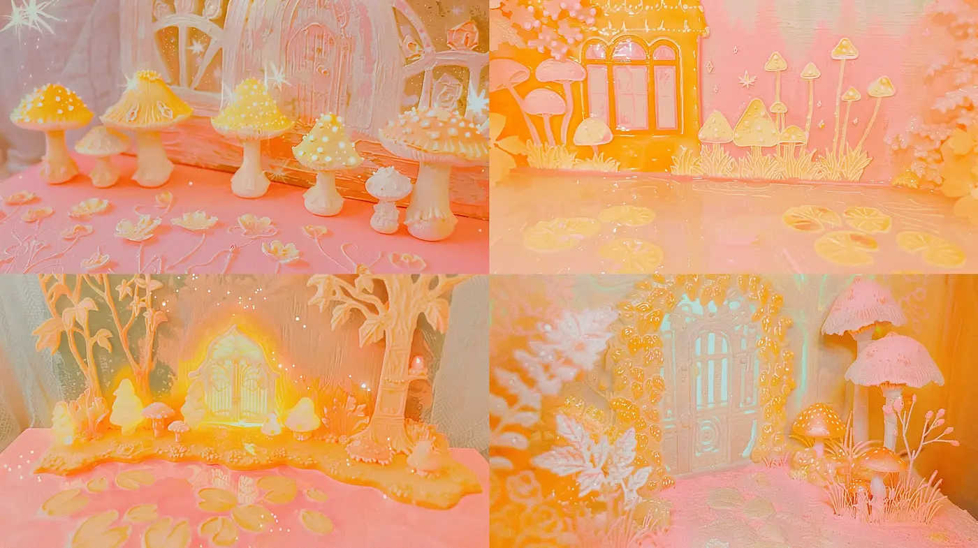 Whimsical Pastel Dreamscape with Glimmering Magic Mushrooms - Midjourney sref style