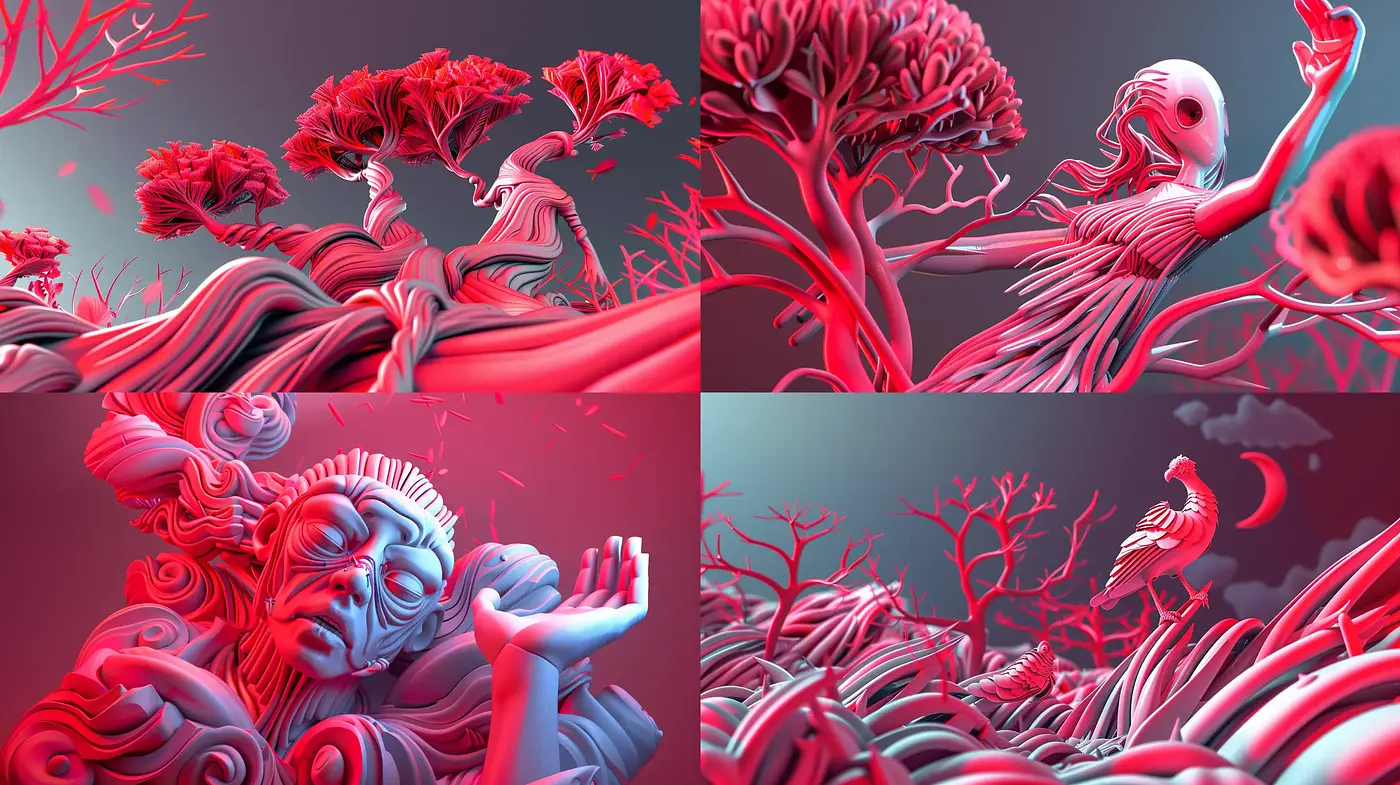 Surreal Dreamscape with Red-Hued Ethereal Visions - Midjourney sref style