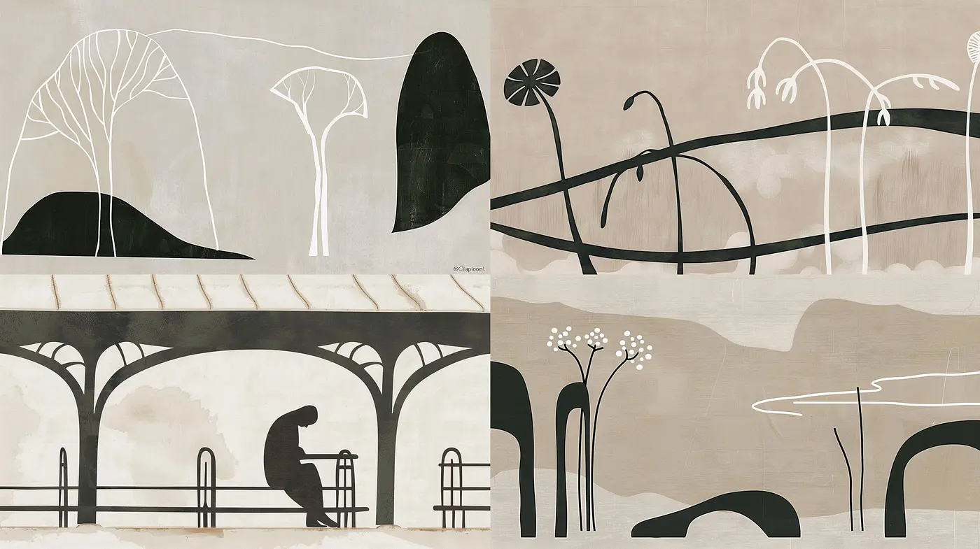 Monochromatic Nostalgia: A Study in Sepia Tones and Simplified Silhouettes - Midjourney sref style