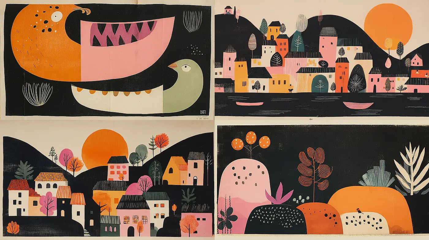 Vibrant Mid-century Modern Style with Whimsical Elements - Midjourney sref style