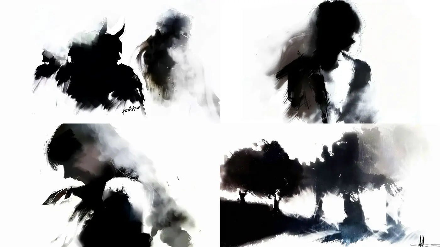 Abstract Silhouettes in Monochromatic Ink-Wash - Midjourney sref style