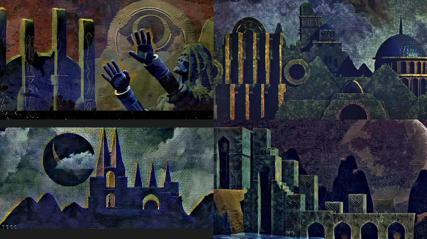 Mystical and Monumental Landscapes with Celestial Hues - Midjourney sref style